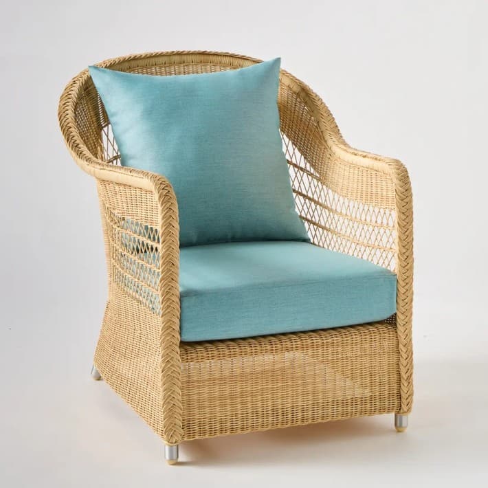 fauteuil en rotin synthétique naturel BIARRITZ - tissus au choix - T040 aqua