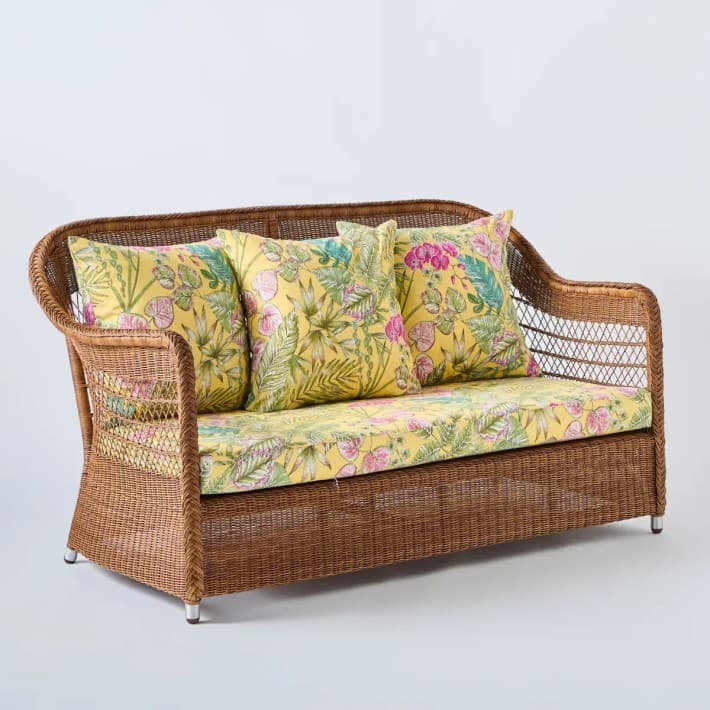 canapé 2 places en rotin synthétique BIARRITZ châtaigne - T045 bouquet yellow