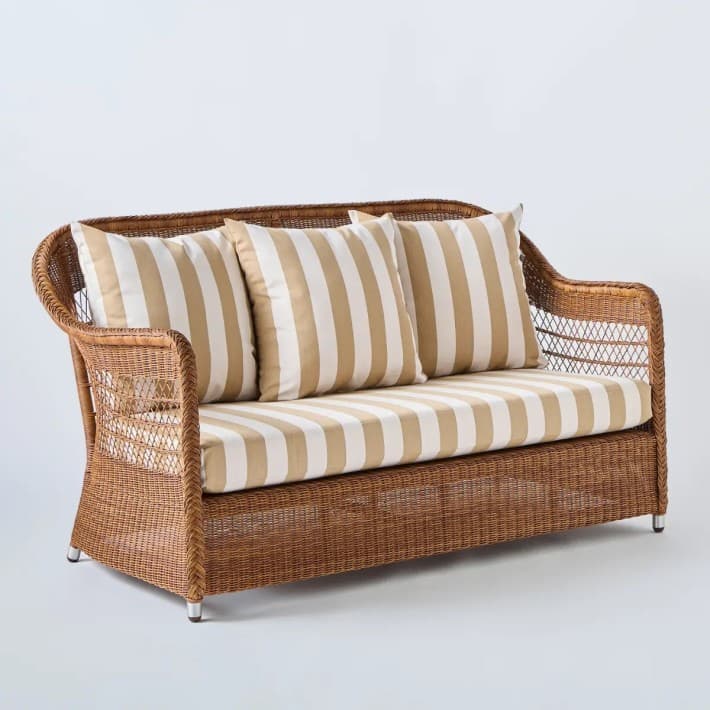 canapé 2 places en rotin synthétique BIARRITZ châtaigne - T047 rayures beiges