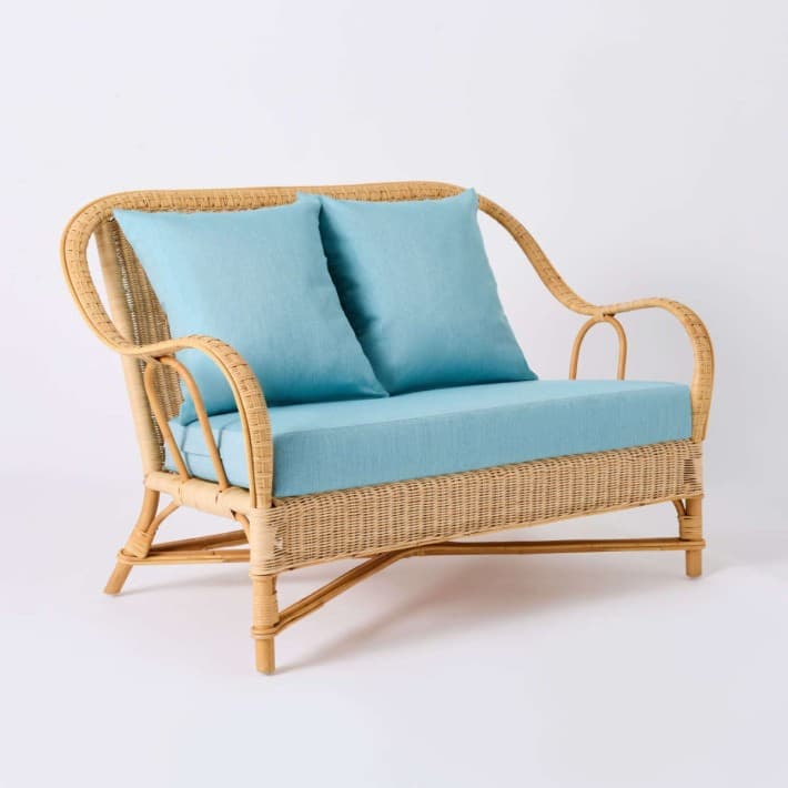 Canapé en rotin naturel Nantucket esprit grand père avec coussins - T040 aqua