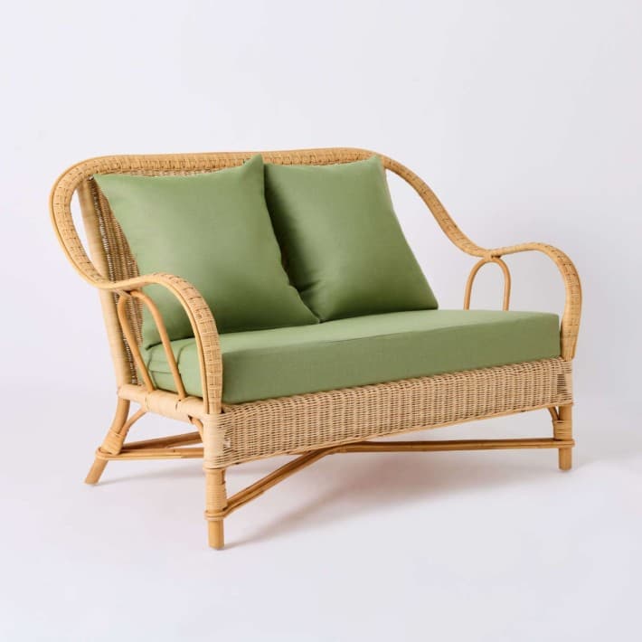 Canapé en rotin naturel Nantucket esprit grand père avec coussins - T042 vert