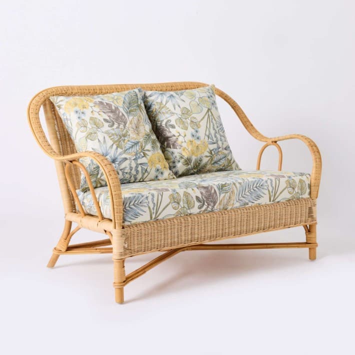 Canapé en rotin naturel Nantucket esprit grand père avec coussins - T044 bouquet écru