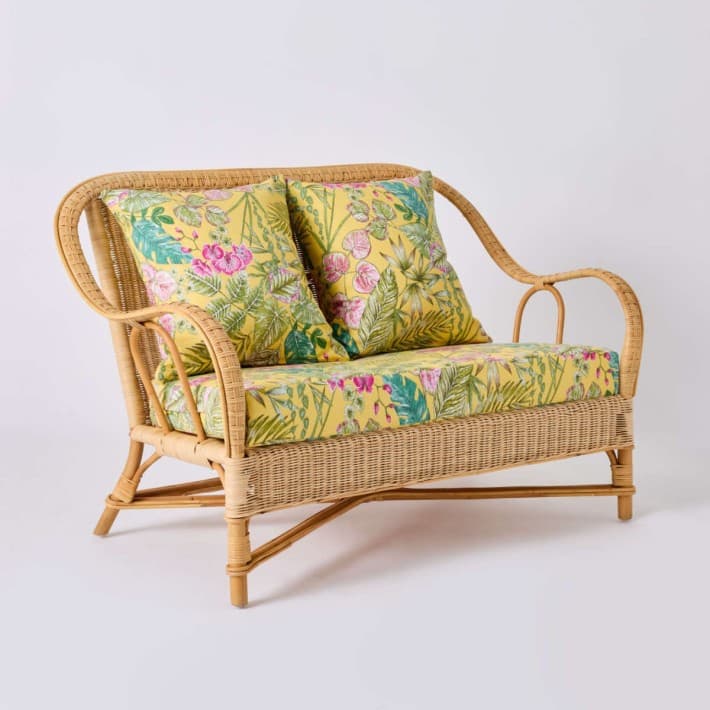 Canapé en rotin naturel Nantucket esprit grand père avec coussins - T045 bouquet yellow