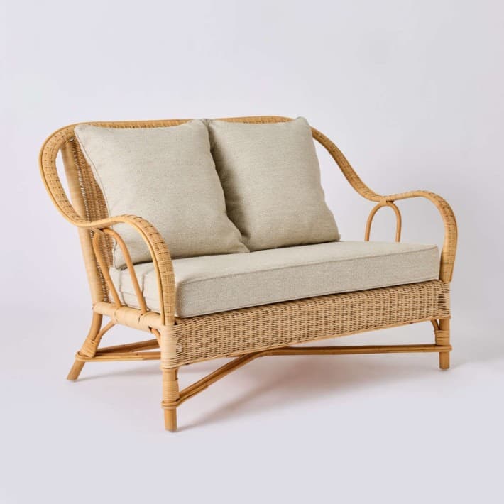 Canapé en rotin naturel Nantucket esprit grand père avec coussins - T597 chenille gris