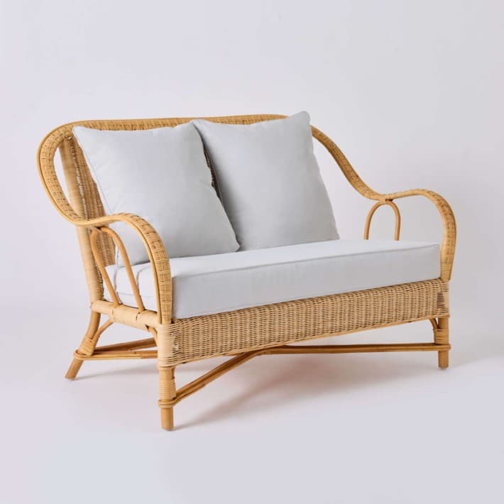 Canapé en rotin naturel Nantucket esprit grand père avec coussins - T552 gris perle