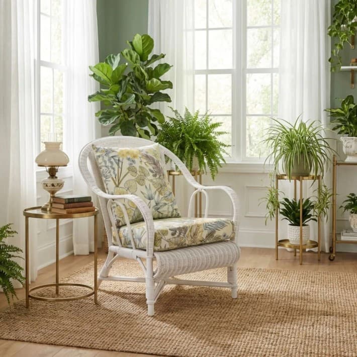 Fauteuil en rotin laqué blanc Primavera - T044 bouquet écru