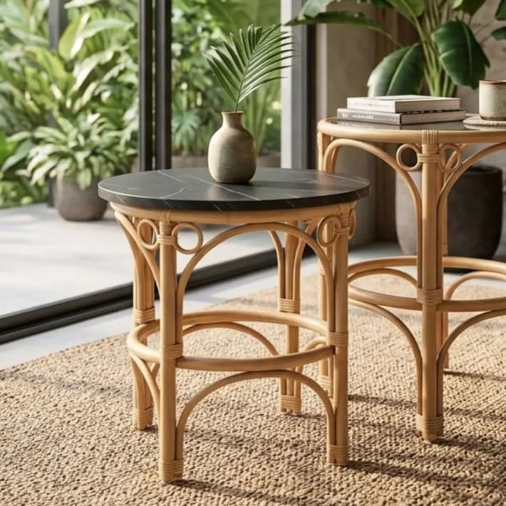Petite table basse en rotin GINGKO plateau stratifié - Effet marbre noir