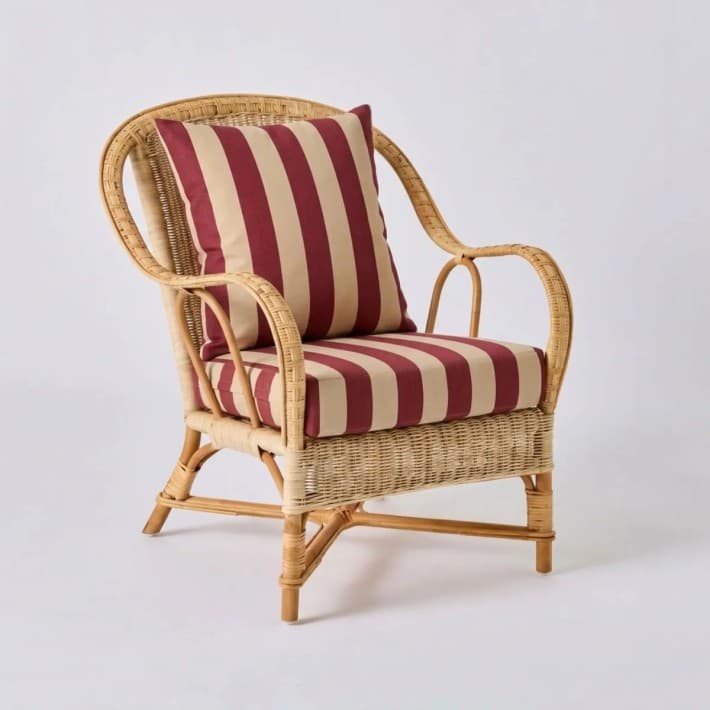 Fauteuil en rotin naturel esprit grand père Nantucket - T046 rayures bordeaux