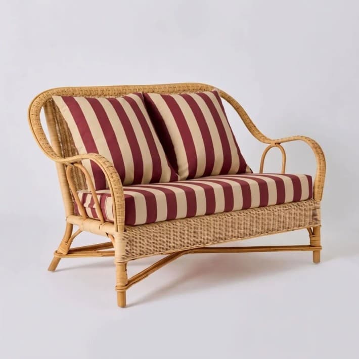Canapé en rotin naturel Nantucket esprit grand père avec coussins - T046 rayures bordeaux