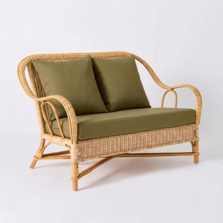 Canapé en rotin naturel Nantucket esprit grand père avec coussins - T041 algue