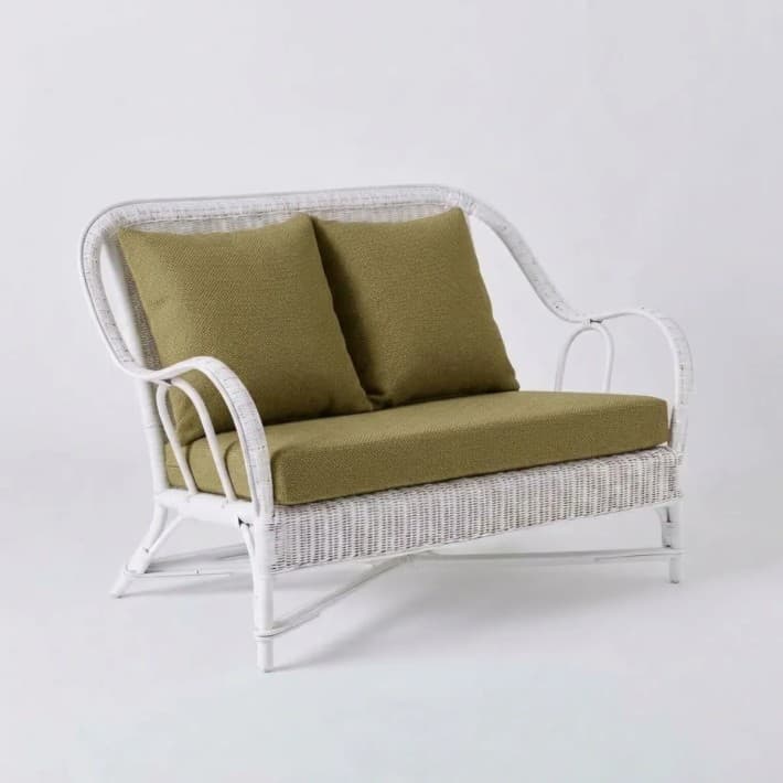 Canapé en rotin laqué blanc Primavera esprit grand-père avec coussins - T041 algue