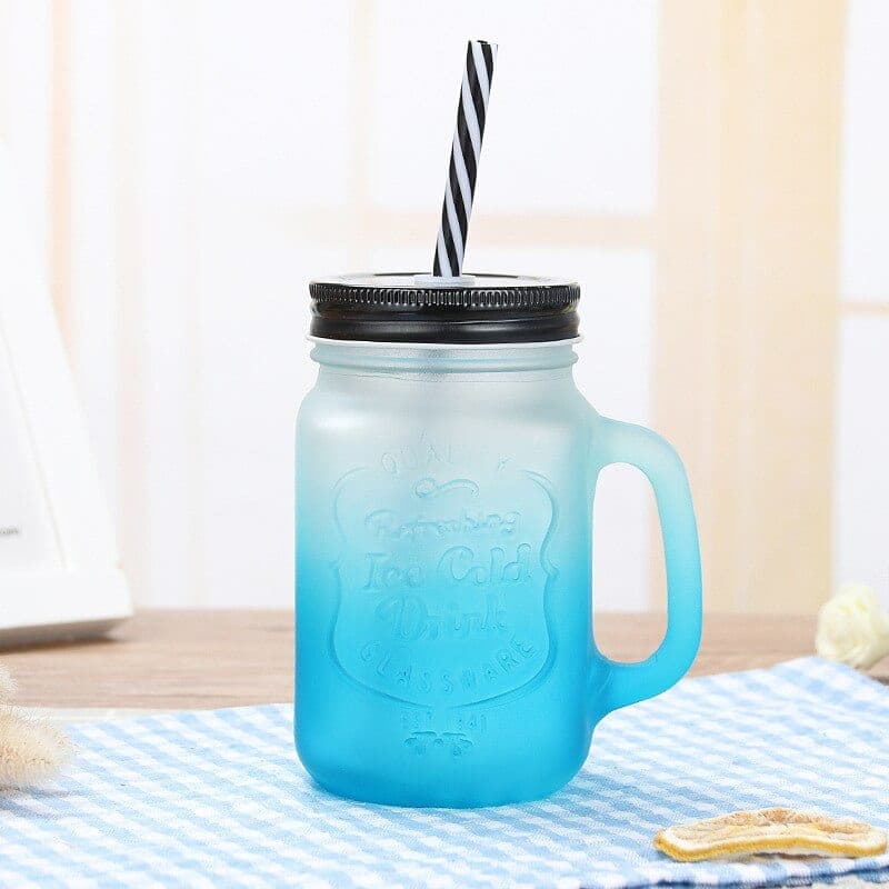 Mason Jar Avec Paille (Couleur: Bleu Mat)