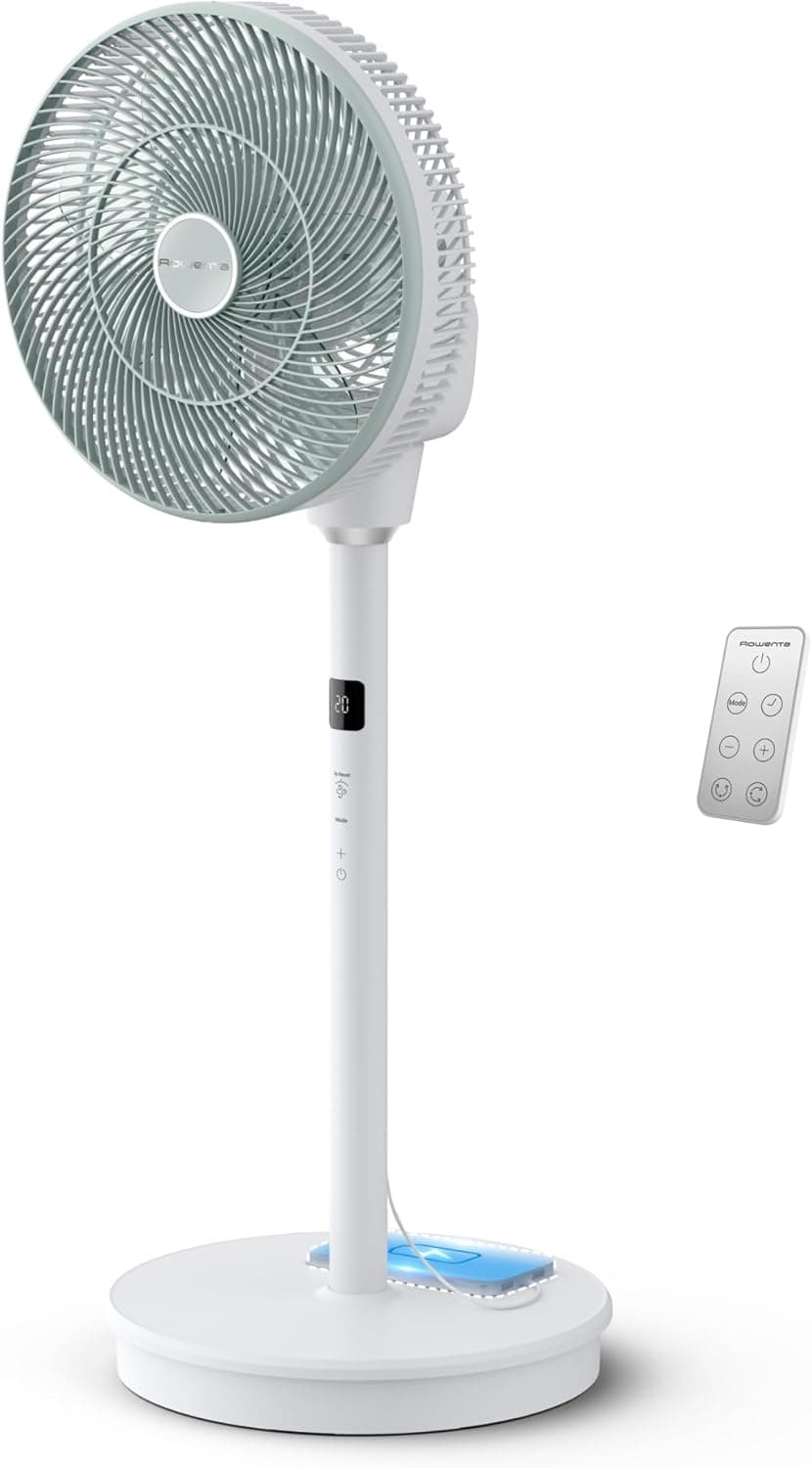 Ventilateur sur Pied Rowenta Turbo Silence Compact 3D Nomad QV5050F0 | 20 Vitesses | Ultra Silencieux | Batterie Externe