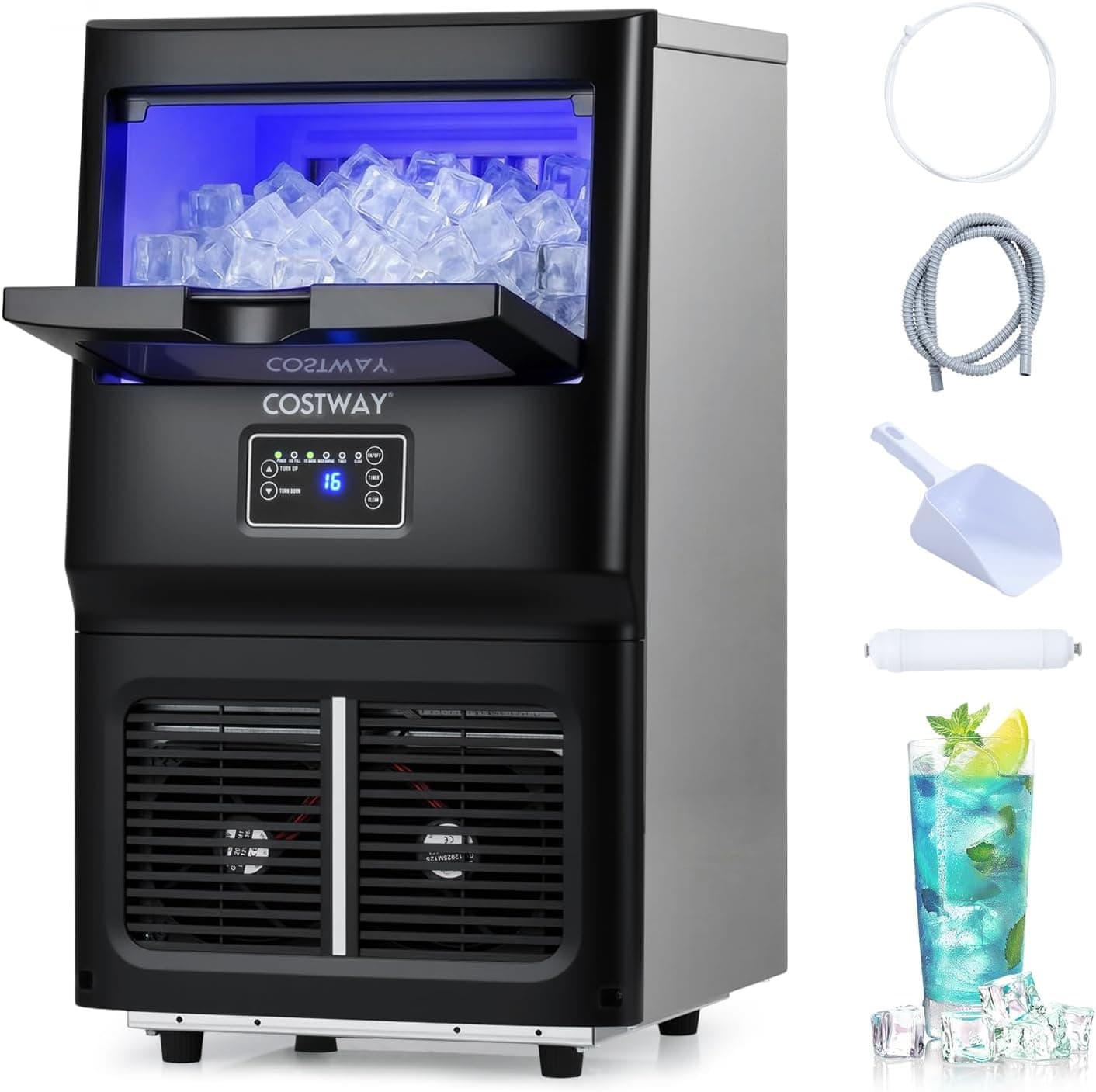 FANTASK Machine à Glaçons Commerciale 30 kg/24 h | Acier Inoxydable | Auto-Nettoyage | Filtre à Eau