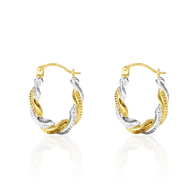 Boucles d'Oreilles Créoles Ovales Torsadées en Or Bicolore Jaune et Blanc