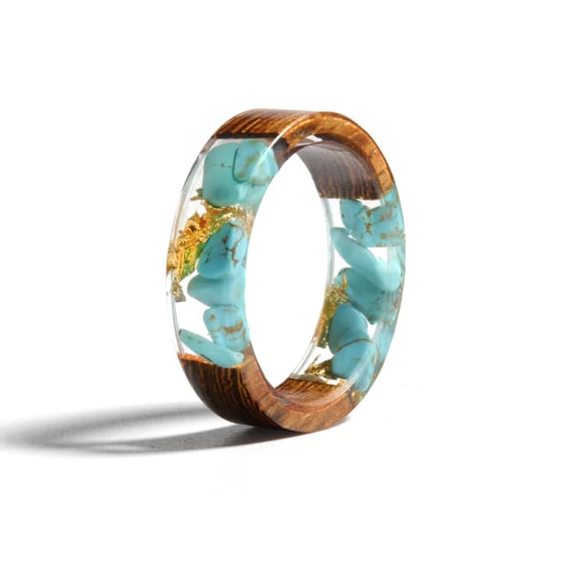Bague en Bois Avec Résine Turquoise 8.5