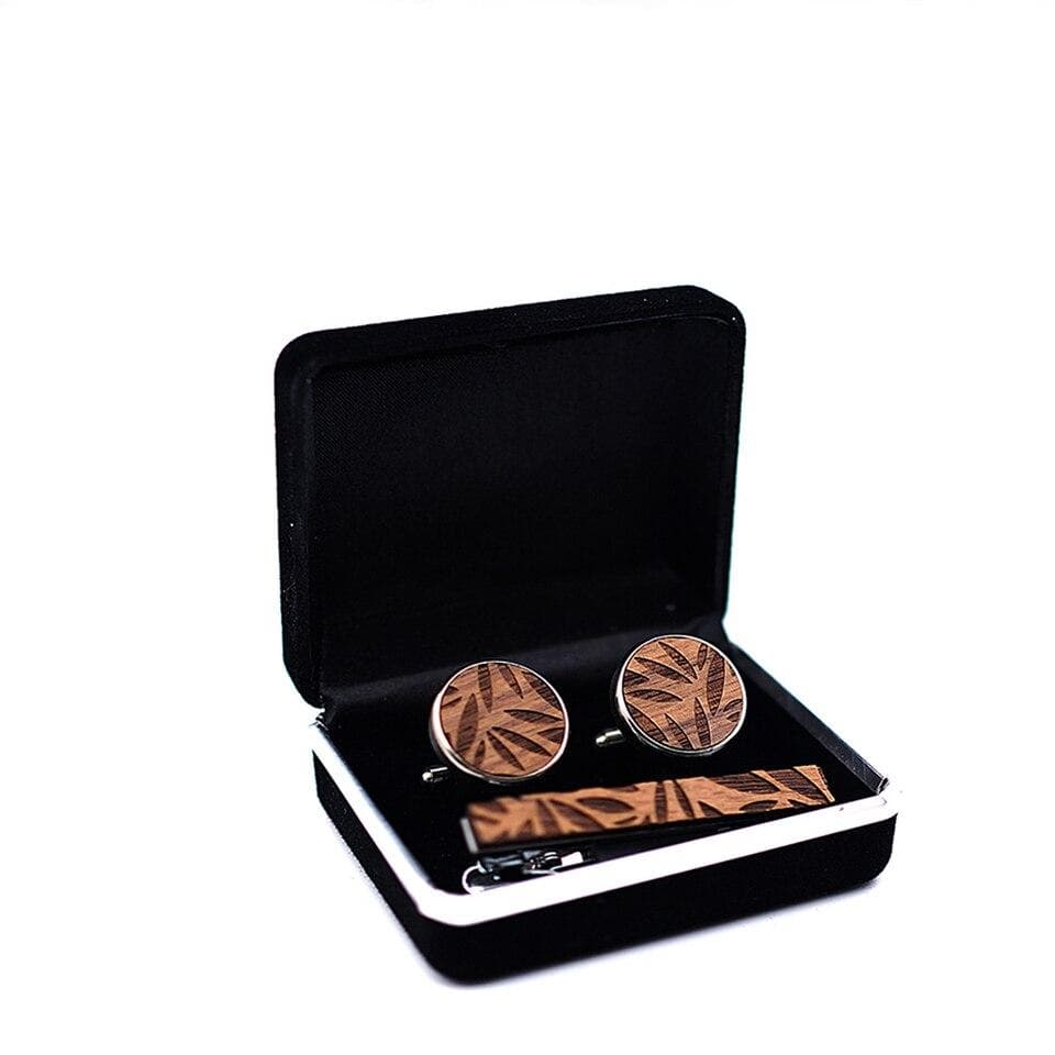 Boutons de Manchette et Pince de Cravate en Bois Gravé