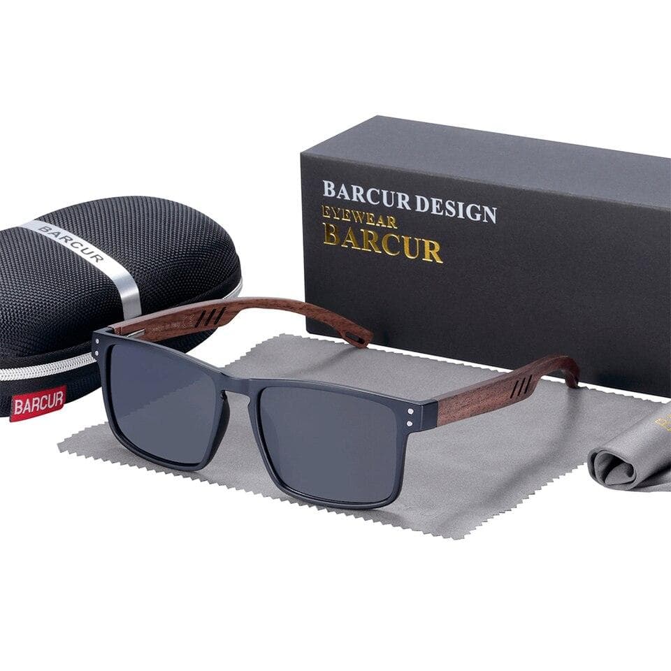Lunette de Soleil Rectangulaire Noir en Bois