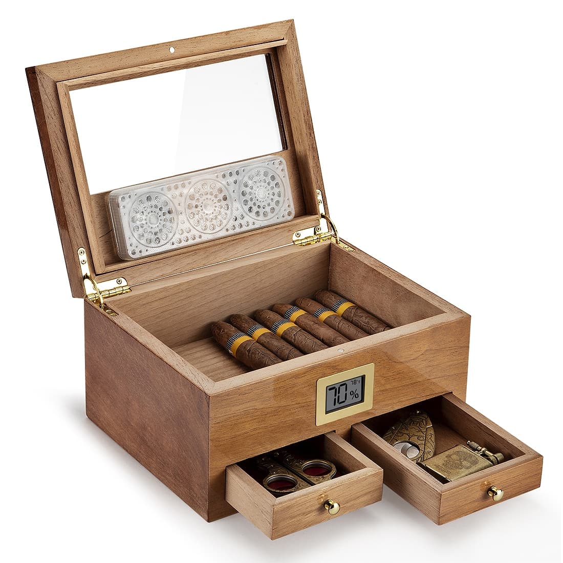 Étui marron humidificateur à cigares avec hygromètre en bois de cèdre