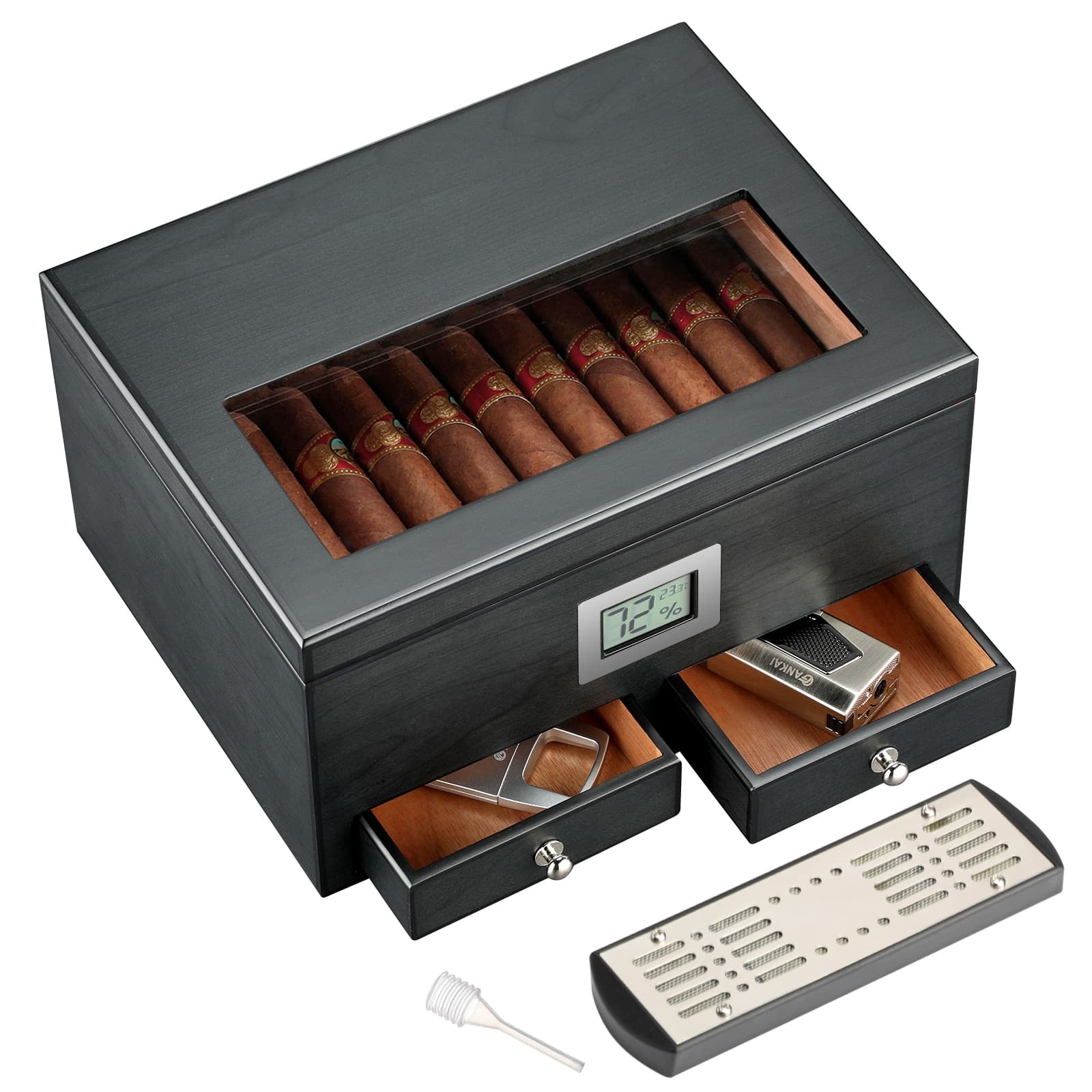 Étui noir humidificateur à cigares avec hygromètre en bois de cèdre
