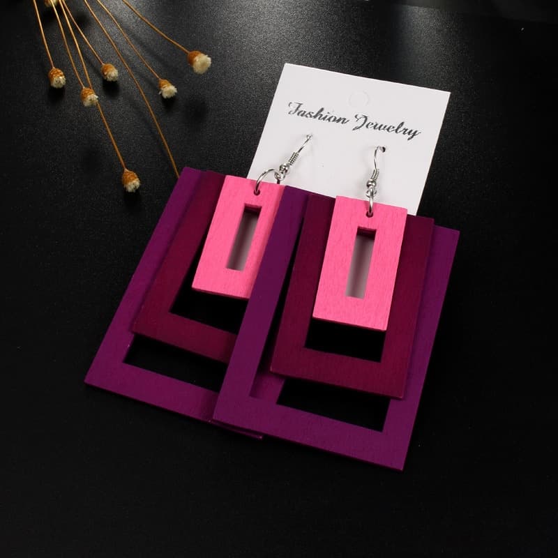 Boucles d'oreilles bois en forme de rectangles superposés