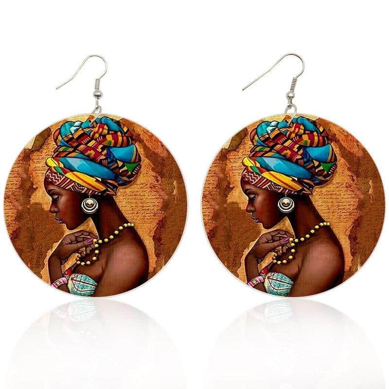 Boucles d'oreille en bois pour femme avec imprimé d'une femme