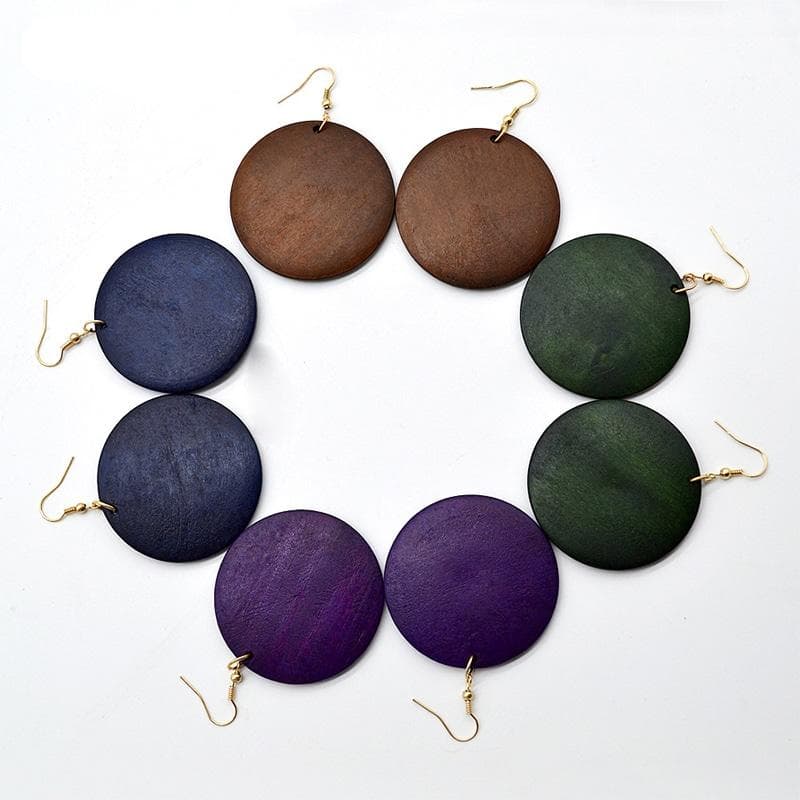 Boucles d'oreilles rondes en bois colorées Bleu
