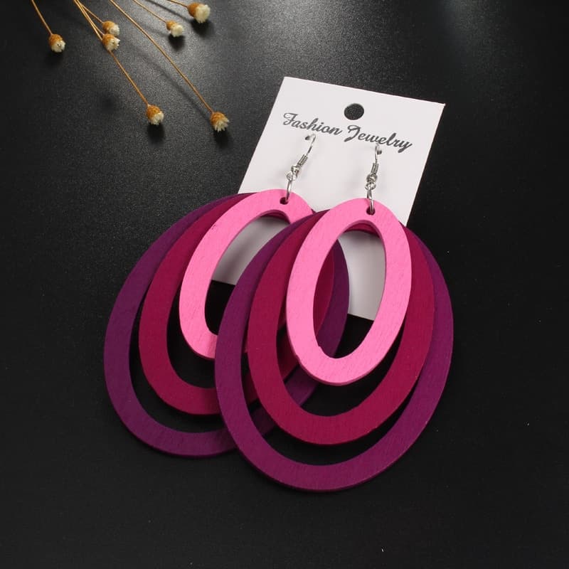Boucles d'oreilles bois en forme ovales superposées Marron