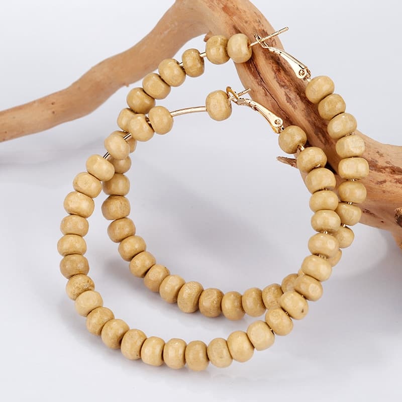 Boucles d'oreilles rondes en perles de bois Beige