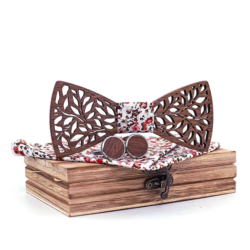 Ensemble noeud papillon en bois, boutons de manchettes et mouchoir en tissu coloré