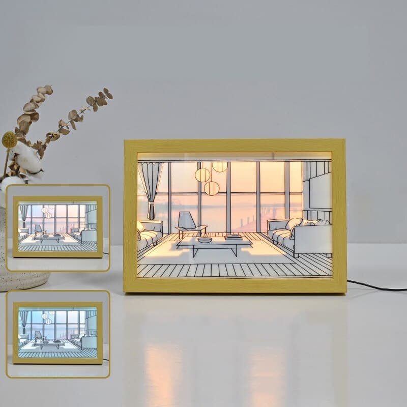 Décoration bois style cadre lumineux LED paysage avec variation du soleil Bleu