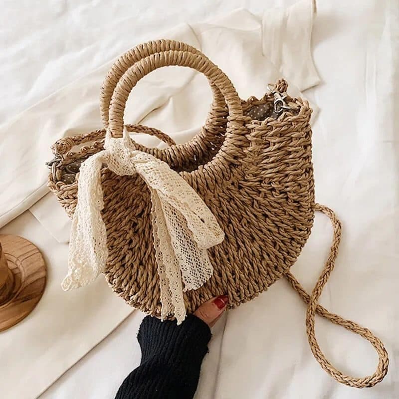 Sac en Paille Décontracté Tissé à la Main Beige