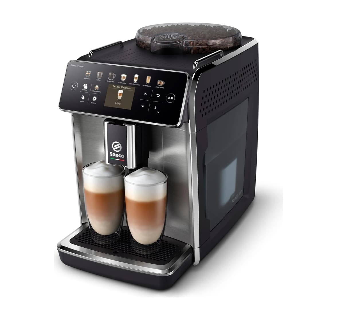 Saeco GranAroma Kaffeevollautomat, 16 Kaffeespezialitäten, 6 Profile, TFT-Display, Metall, Schwarz