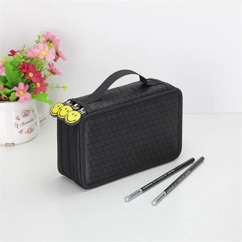 Zwarte Etui met Gele Smileys en Hexagonale Structuur