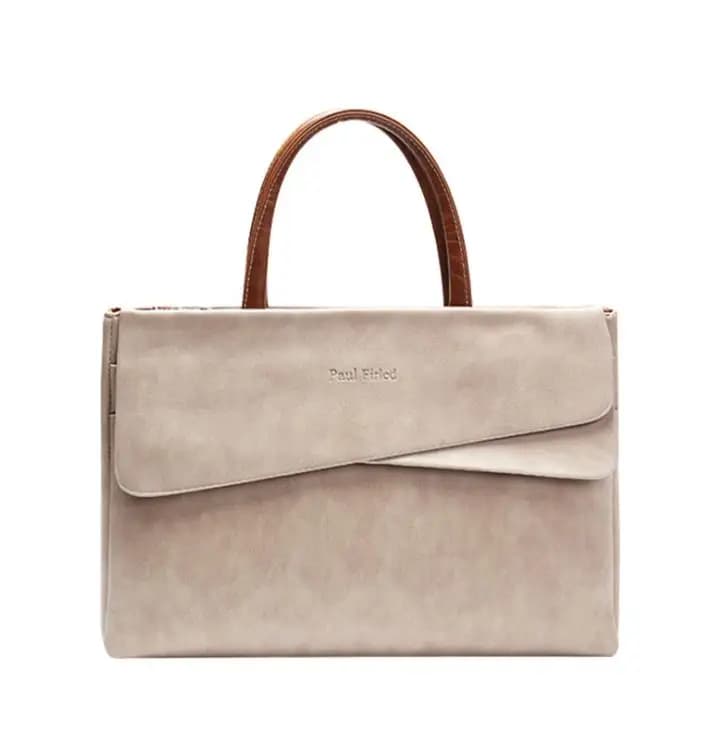 Beige Handtas met Bruine Leren Handvatten (Model: Beige)
