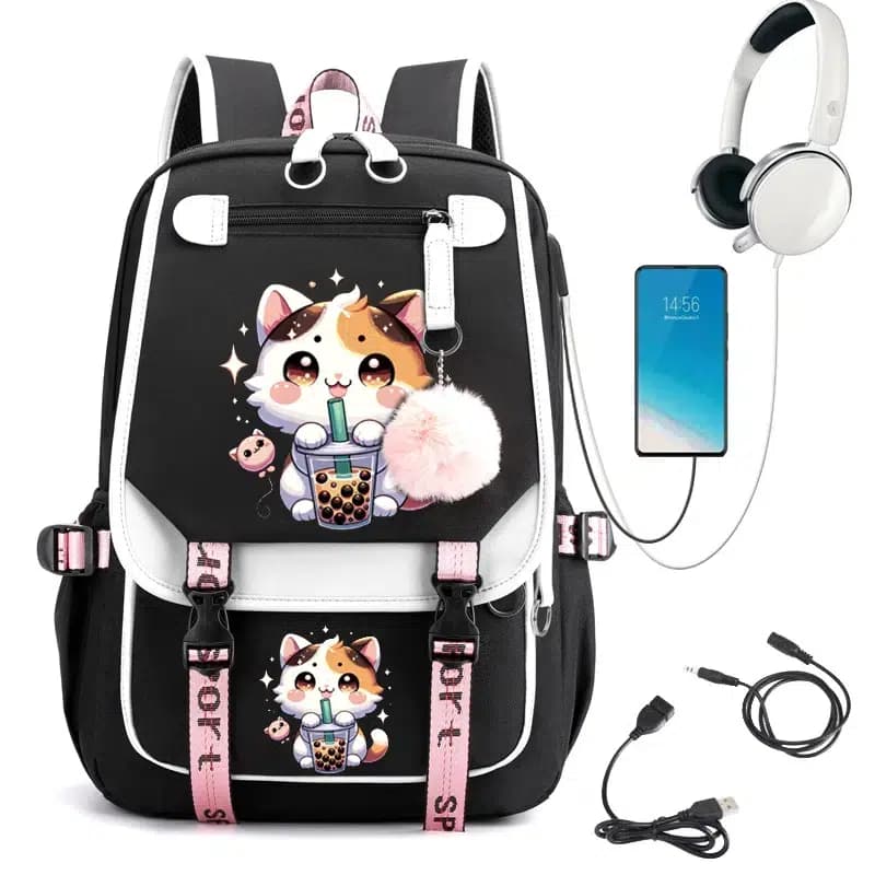 Schooltas Kinderen Kawaii Kat Bubble Tea (Model: Wit)