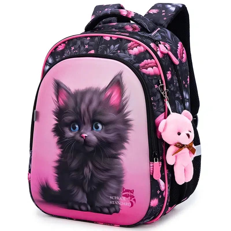 Roze Rugzak Kind Met Kat en Bloemen