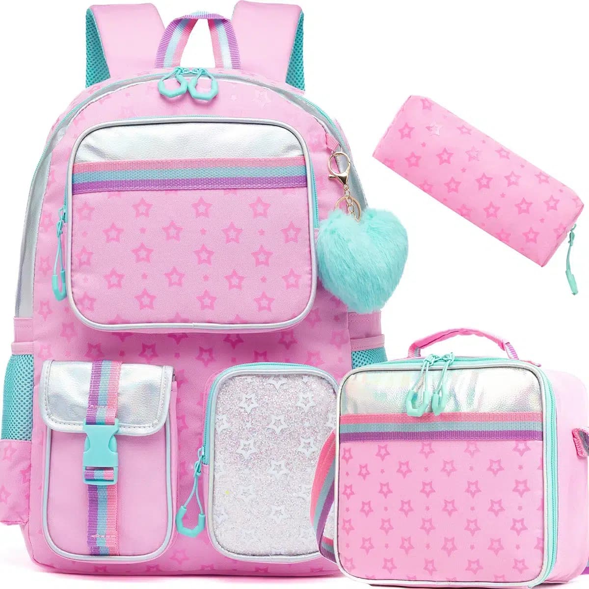 Schoolrugzak set met sterrendessin en pluche hart (Model: Roze)