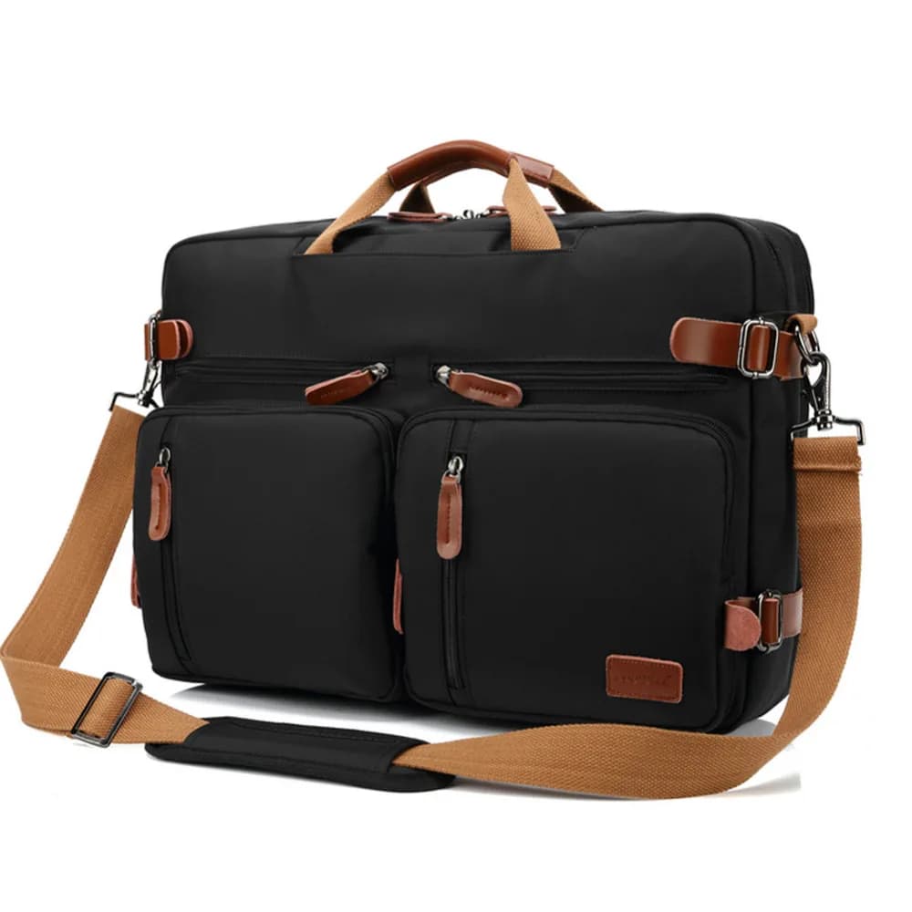 Zwarte laptoptas met bruine leren details (Model: Zwart)