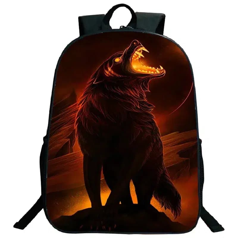 Zwarte Rugzak met Huilende Wolf Print