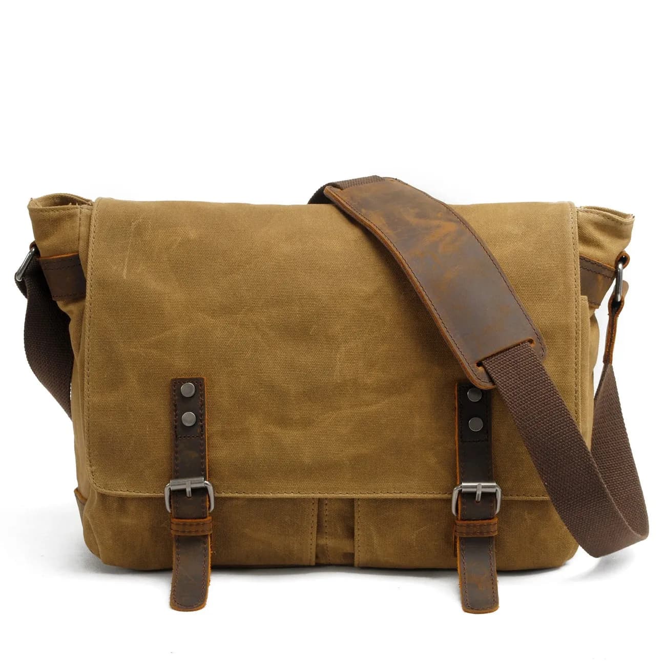 Kaki Schoudertas met Bruine Leren Details (Kleur: Bruin)