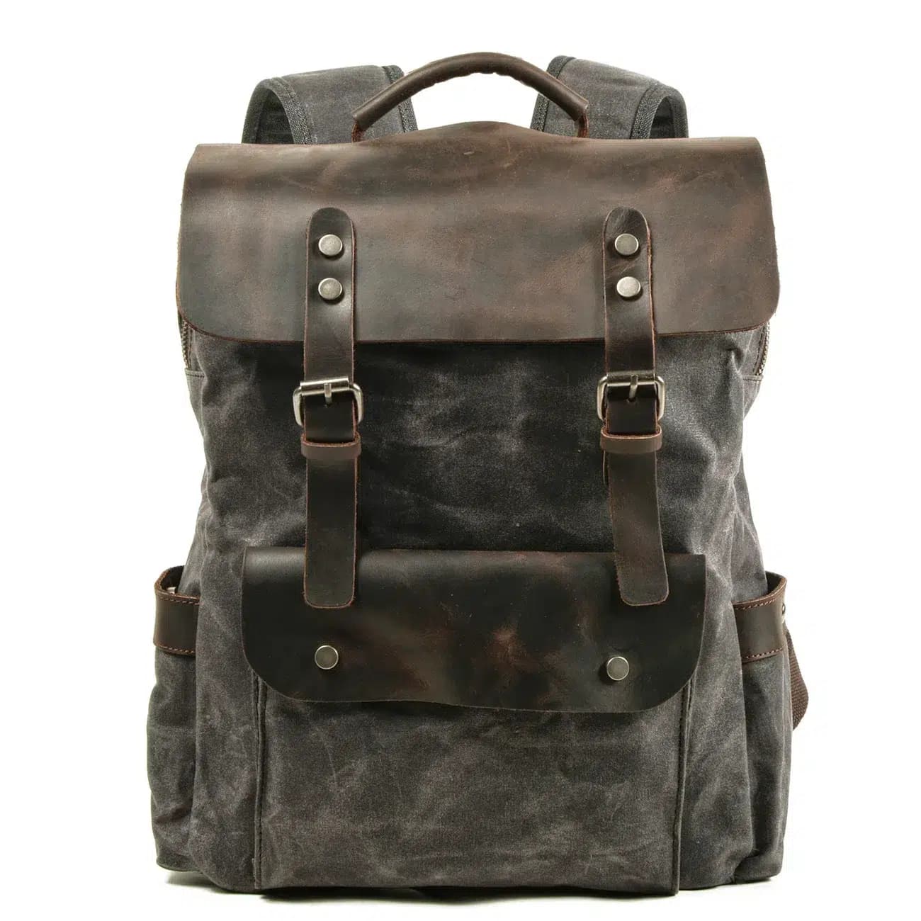 Vintage Rugzak van Donkere Canvas en Leer (Kleur: Grijs)