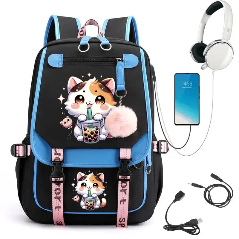 Schooltas Kinderen Kawaii Kat Bubble Tea (Model: Blauw)