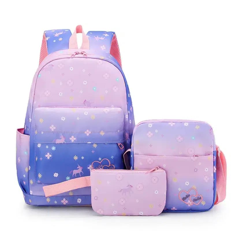 Schooltassenset Pastelkleuren met Bloemen en Eenhoorns (Model: Paars)