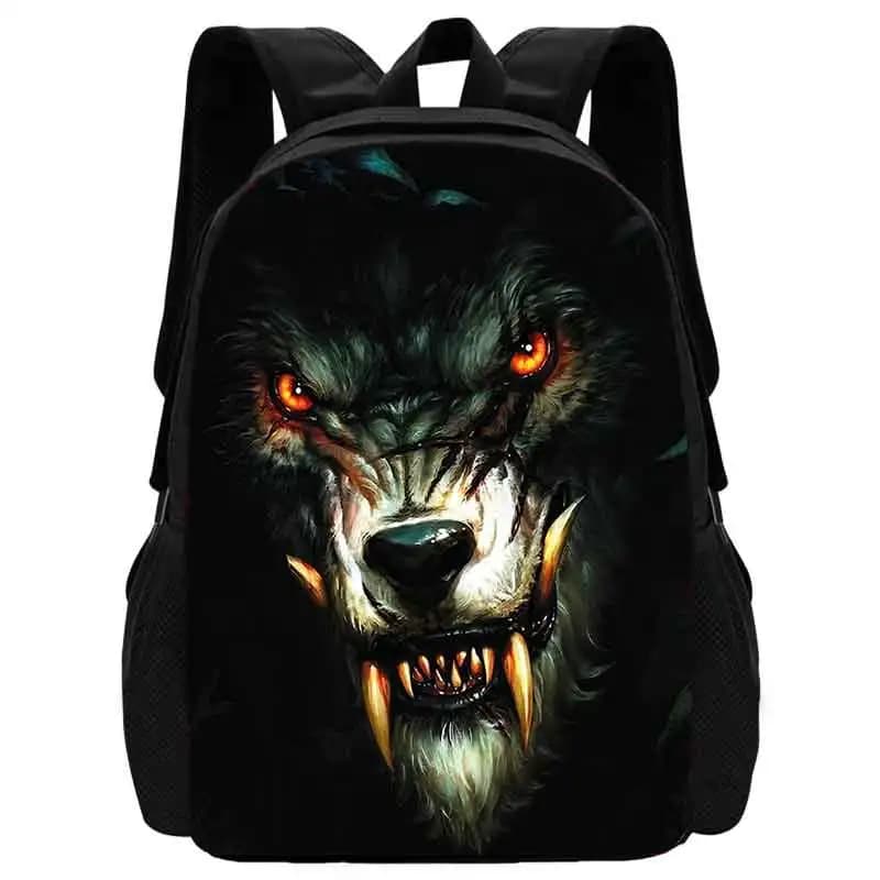 Zwarte Rugzak met Dreigende Wolf Illustratie