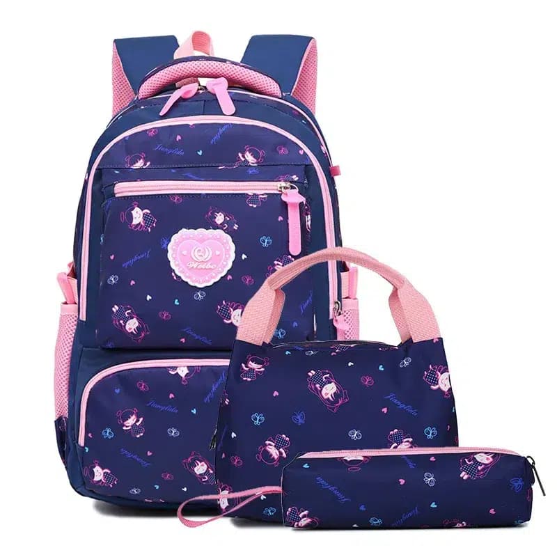 Roze Schoolset met Bloemen en Hart Badge (Kleur: Donkerblauw)