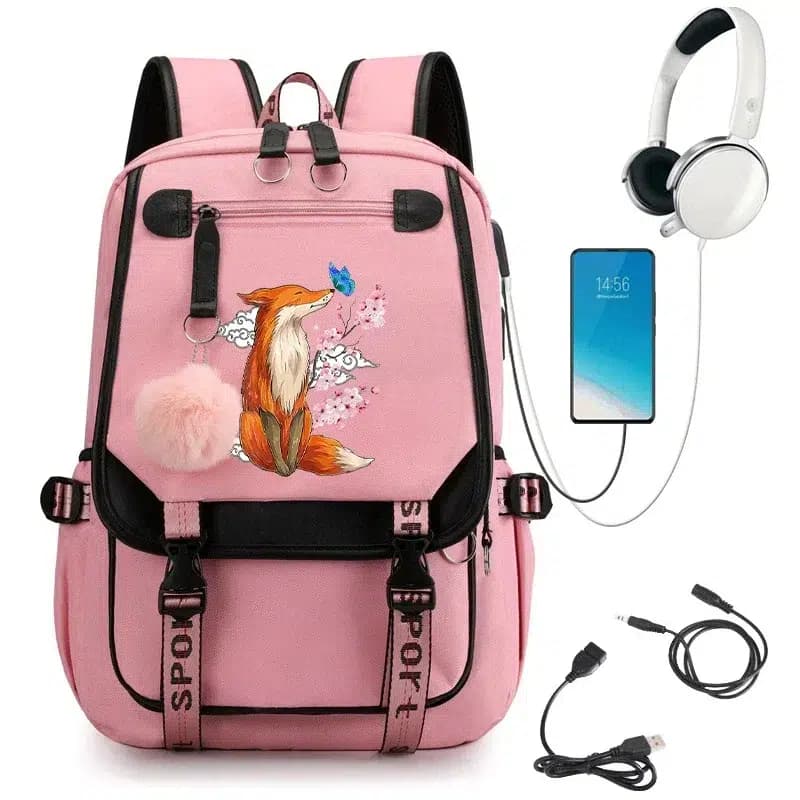 Schooltas met Vos en Bloesems Design (Model: Roze)