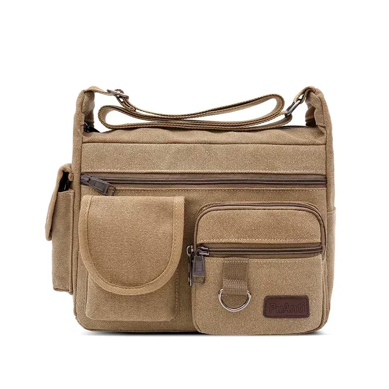 Beige canvas messenger tas met ritsvakken (Kleur: Beige)