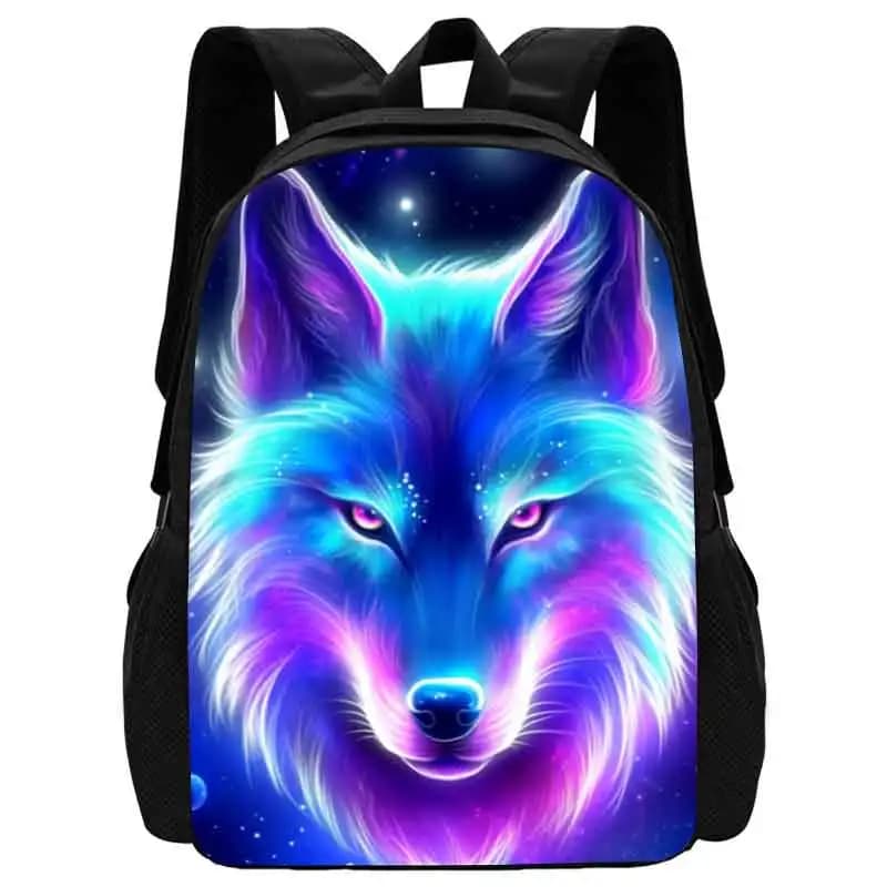 Lichtgevende Rugzak met Wolf en Kosmische Print