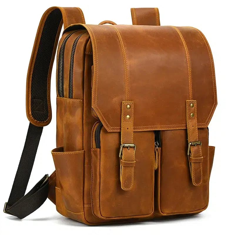 Leren Rugzak Bruin Caramel met Gespen (Model: Bruin)